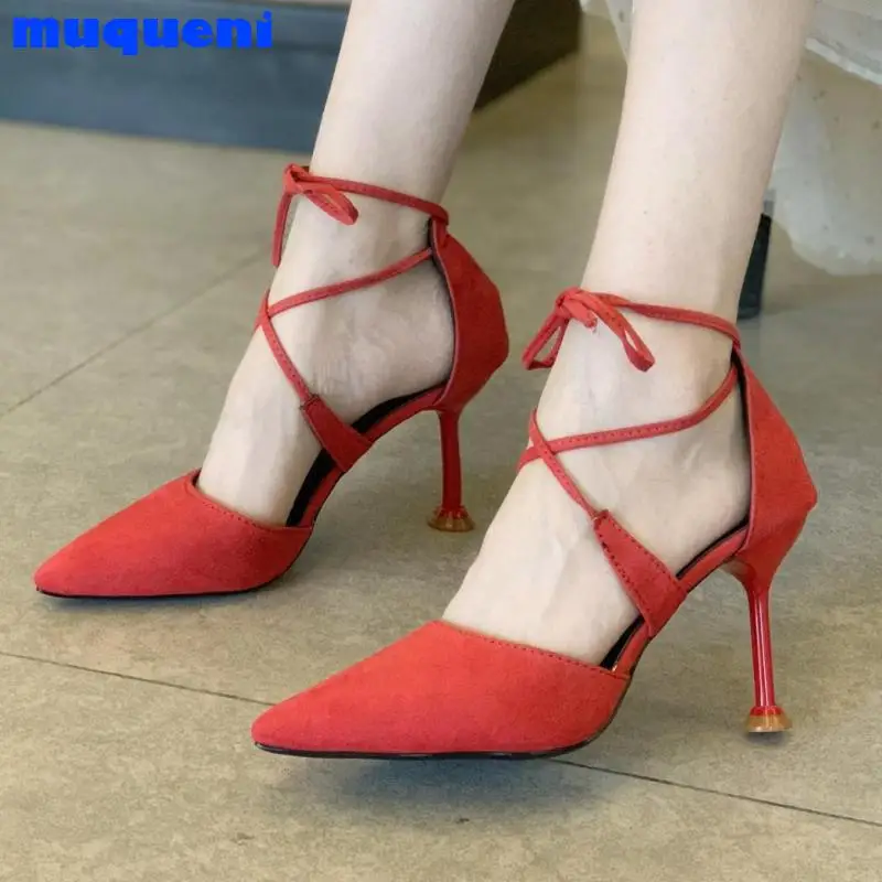 

Women's High Heels 2021 New Stiletto Pointed Suede Straps with A Word Buckle Net Red French Girl Single Shoes Sexy Summer