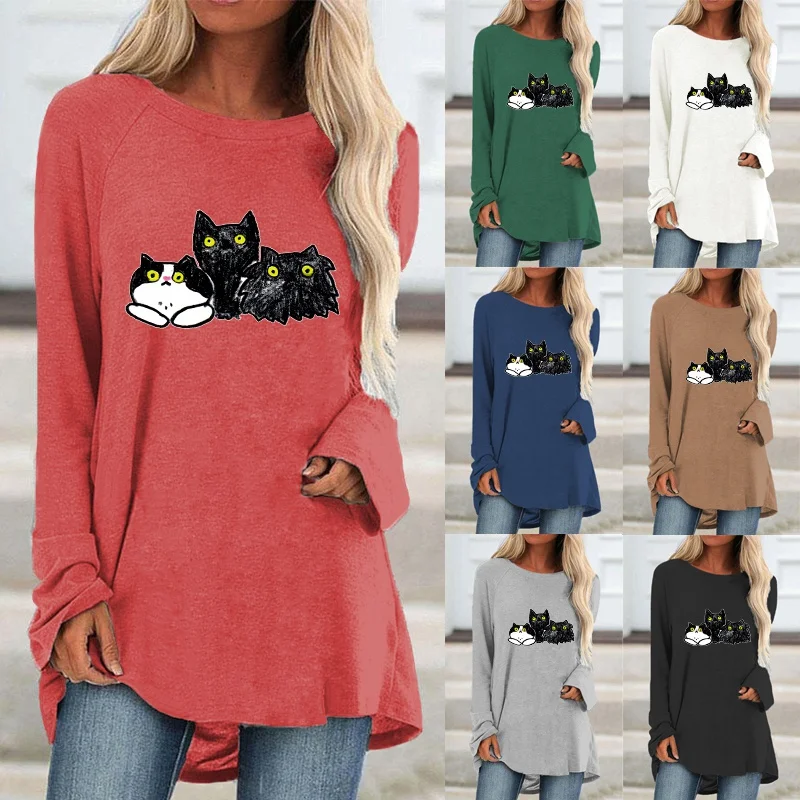 

Women Fashion Casual Cartoon Printed Round Neck Long Sleeved Shirts & Tops Loose Ladies Autumn Graphic Blouse Plus Size