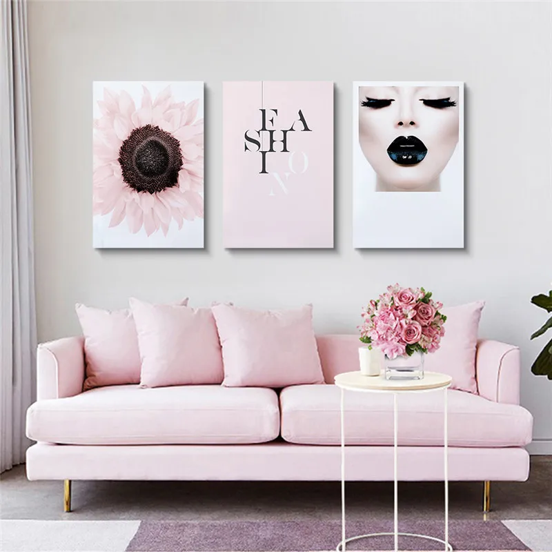 

Fashion Wall Art Black Lips Print Girl Floral Canvas Painting Modern Framed Wall Poster Decoration Picture Ready To Hang Picture