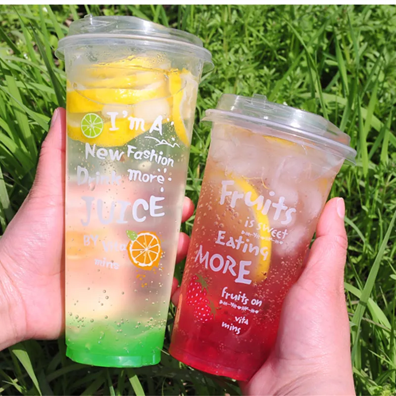 

50pcs Net red 90mm caliber fruit flower tea packaging cups 500ml clear plastic cup ice strawberry orange milkshake cup with lid