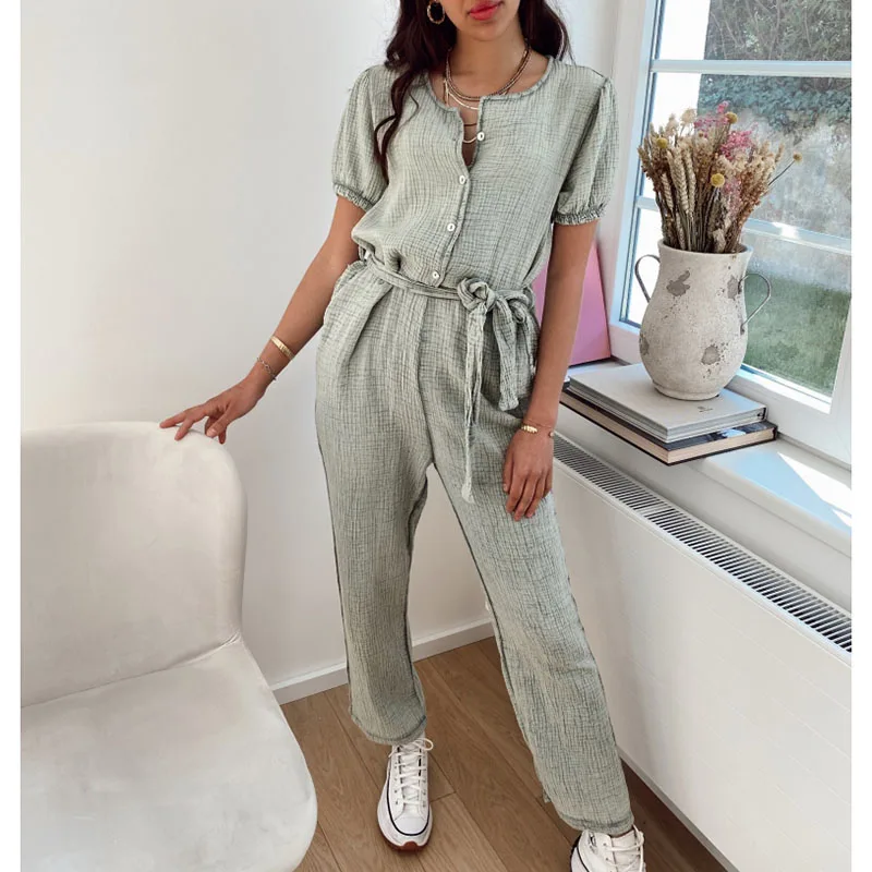 

CP O Neck Short Sleeve Jumpsuits Women Fashion Tie Belt Waist Jumpsuit Women Elegant Solid Ankle Length Jumpsuits Female Ladie