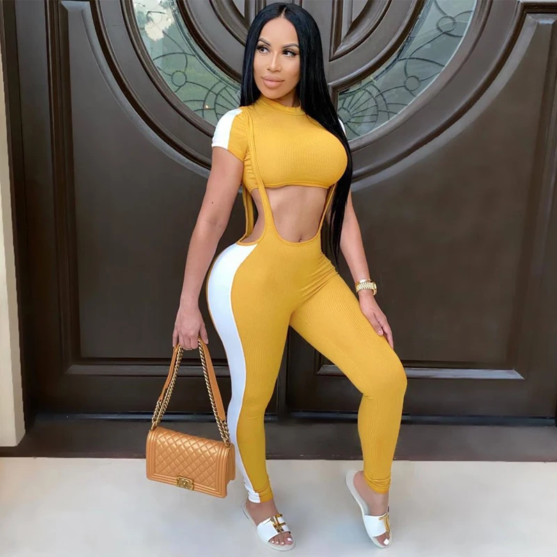 

Women Autumn Spring Sexy Club Street Jumpsuits Sests Short Sleeve Crop Top +Bodcon Jumpsuit 2PCS Wholesale