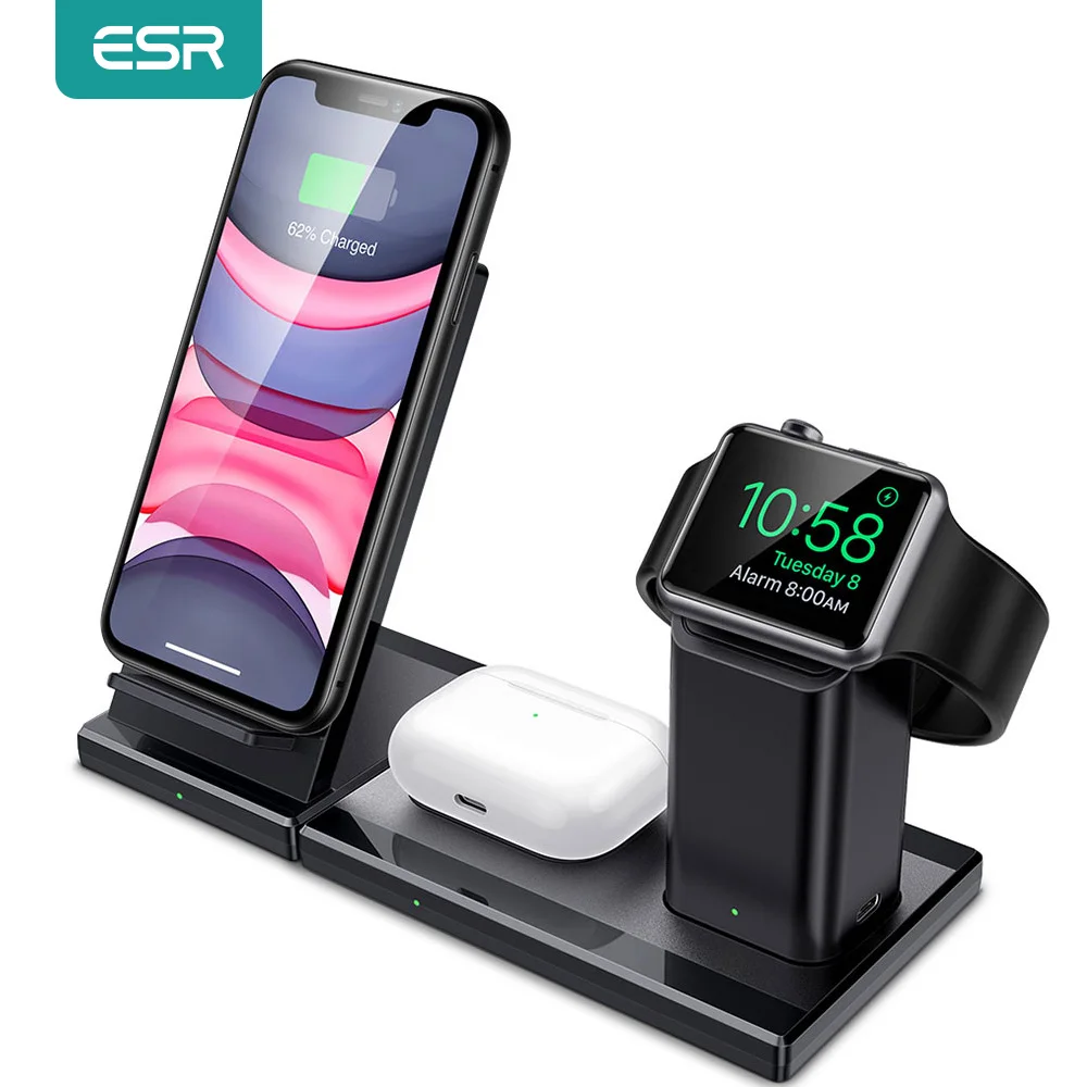 ESR 3 в 1 Qi Беспроводное зарядное устройство Подставка для iPhone SE 2020 11 Pro X XS XR 8 AirPods Apple