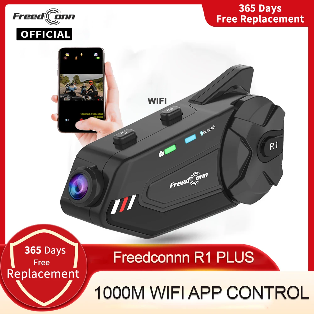 Мотогарнитура для шлема FreedConn R1Plus Moto rcycle, Bluetooth-гарнитура, видеозаписывающее устройство IP65 6Riders moto r, наушники WiFI 1000M Group - изображение
