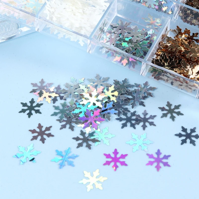 

Q1QD 12 Grid Long Strip Boxed Winter Snowflake Series Nail Sequins Laser Glitter DIY Nail Manicure Stickers Christmas