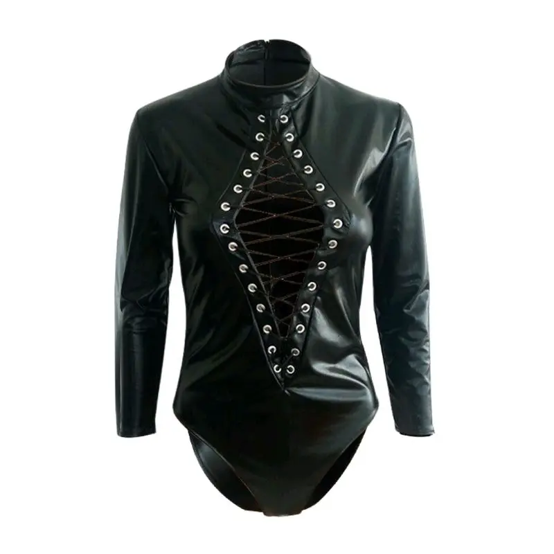 Женский Готический боди из искусственной кожи в стиле панк с длинным рукавом