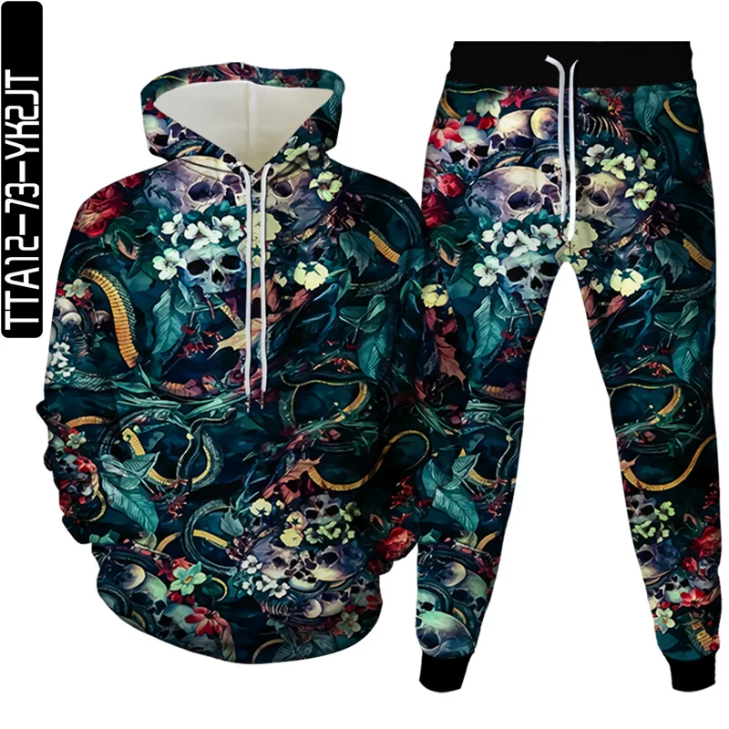 

Autumn Men Sport Jogging Pullover Hoodie Pants Two Piece 3D Evil Skulls Print Style Sweatshirt Man Sportswear Fitness