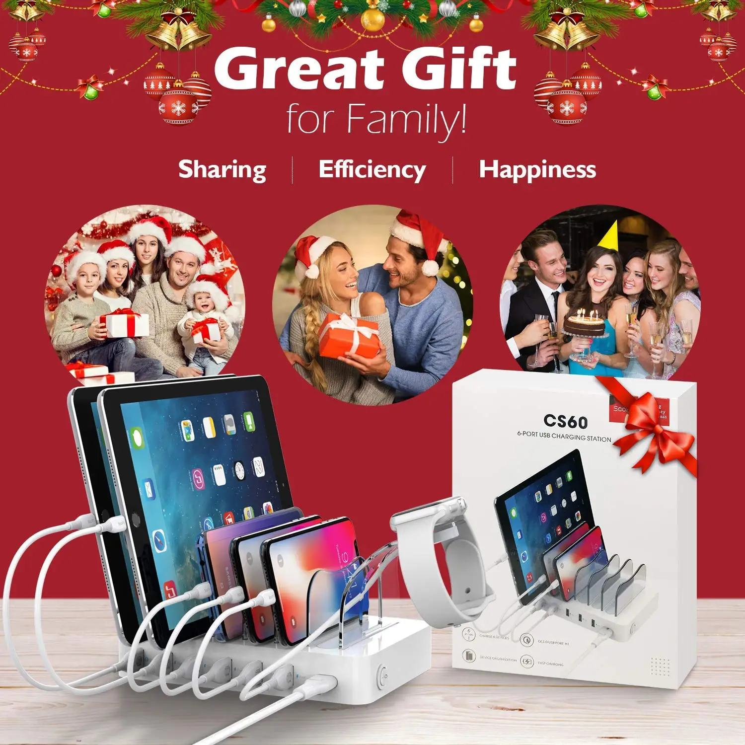 Soopii Quick Charge 3,0 60 W/12A 6-портовая зарядная станция usb для нескольких устройств, 6 кабелей в комплекте(2 IOS 2 Micro 2 type-C