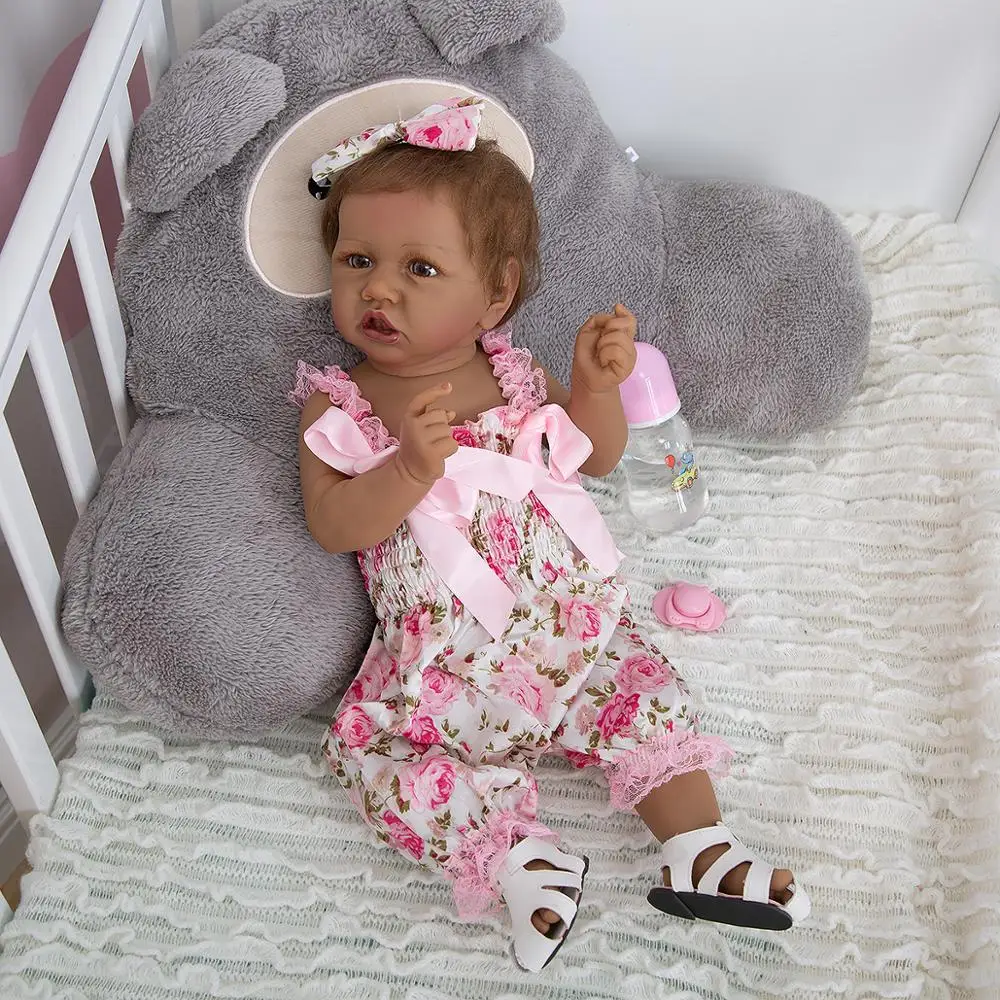 

New Arrival 23 Inch Reborn Boneca Baby Dolls Black Skin With Fiber Hair Newborn Doll Toys Kids Playmate Birthday XMAS Gifts