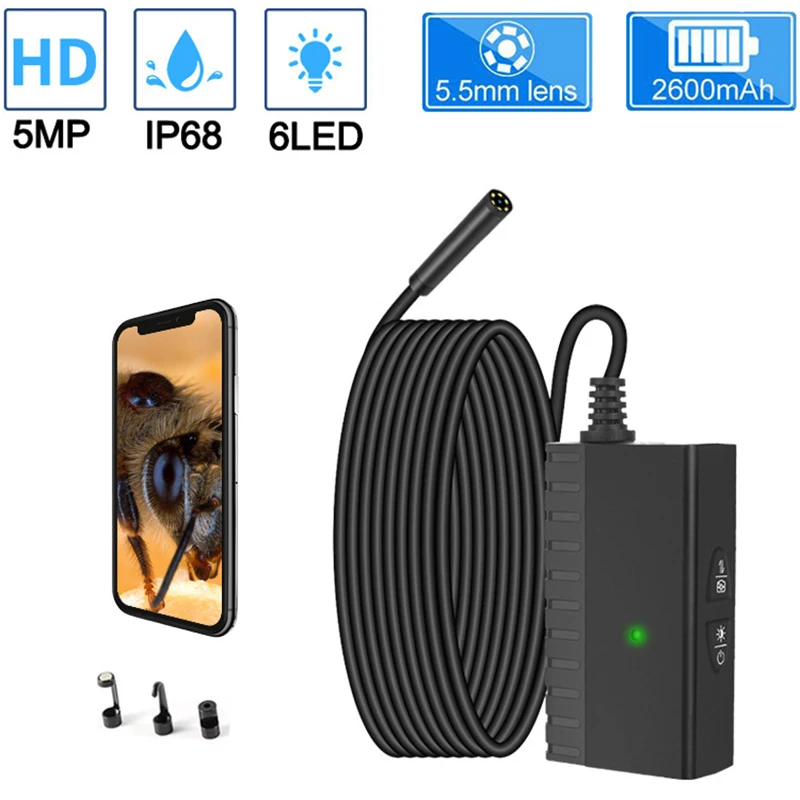 

5.5mm Lens With HD Wireless Endoscope Camera Led Light 10M Hard Cable IP67 5MP Industrial Inspect Borescope For Android iphone