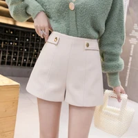 2021 new autumn winter women high waist wide leg woolen shorts female fashion koream style outerwear warm a line shorts