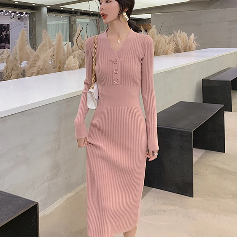 Модное осеннее платье свитер женские вязаные платья с v образным вырезом свитера