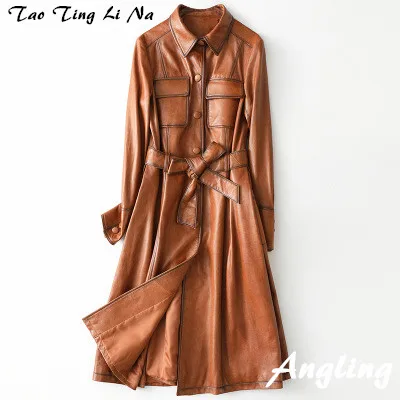 

Tao Ting Li Na Genuine Sheep Leather Coat Women New Long Slim Real Leather Trench H49