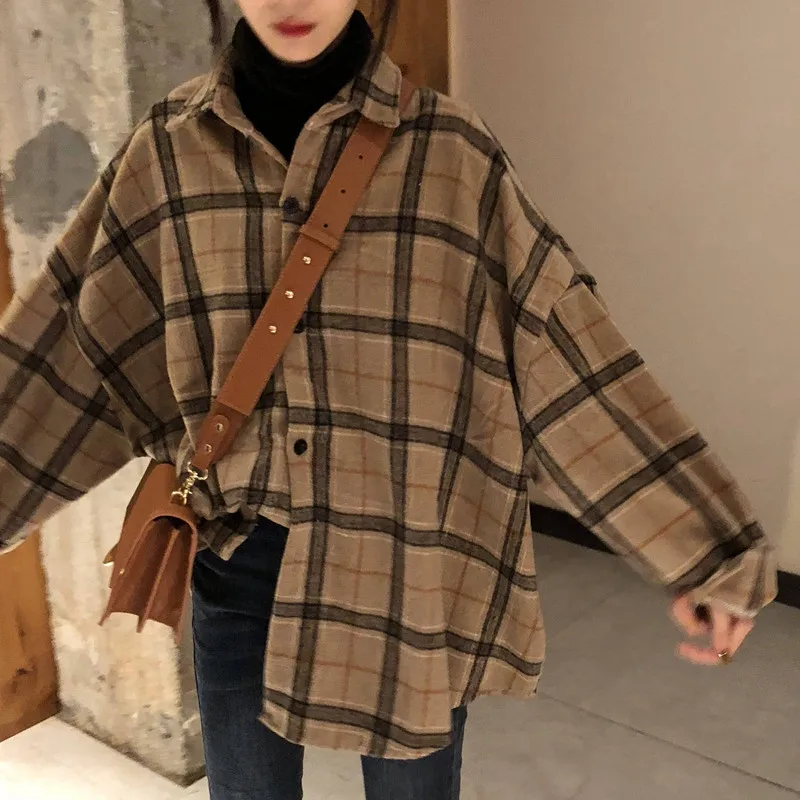 

Female Spring Autumn Street Polo Shirts Vintage Oversized New Plaid Flannel Boyfriend Tunic Cotton Shirt For Women Casual Tops