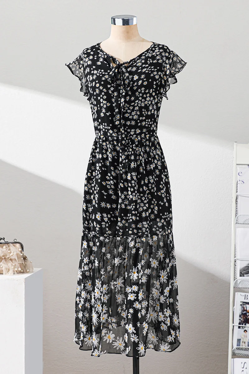 

Women's Chiffon Long Dress Summer Stitching 2021 New Short Sleeve A Line Oversized Dress Female V Neck Korean Dress