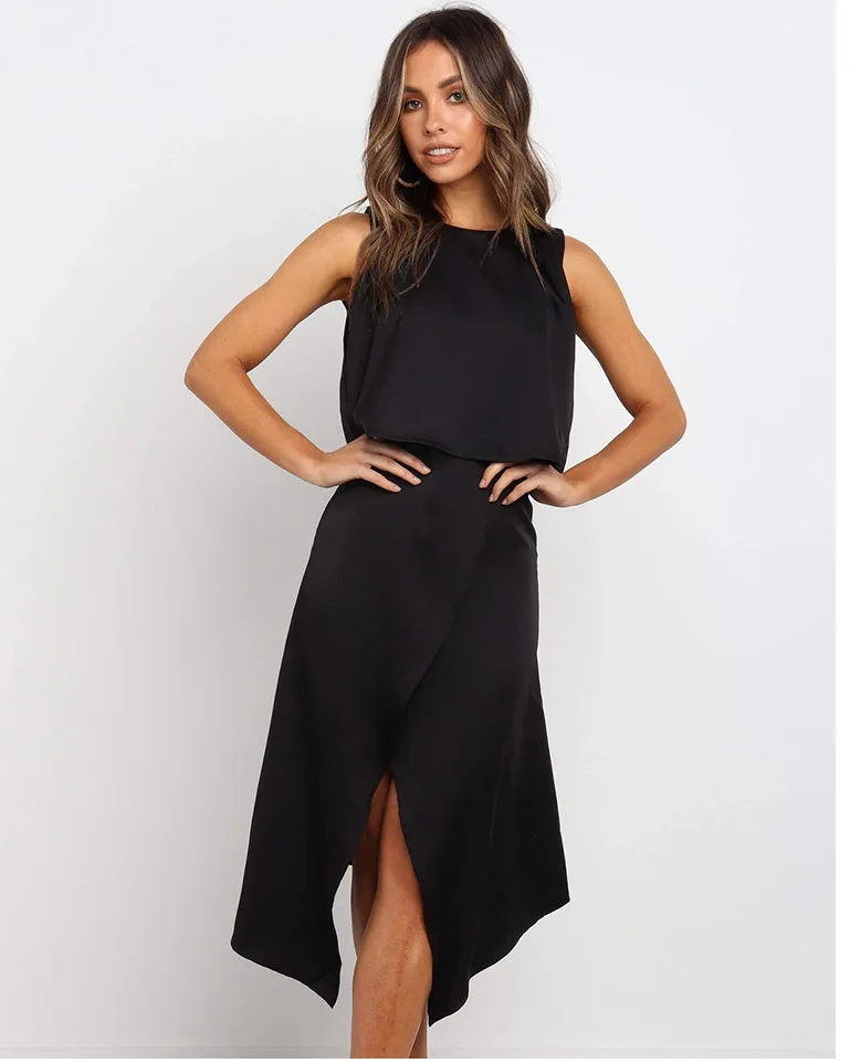 

summer dress elegant dress round neck sleeveless high-waisted dress with open back irregular split style dress for women