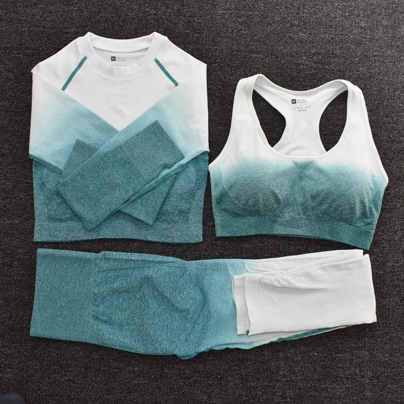 

Ombre Women Yoga Set Seamless Leggings Long Sleeve Crop Top Sports Bra Running Pants Gym Clothing Fitness Workout Sports Suit