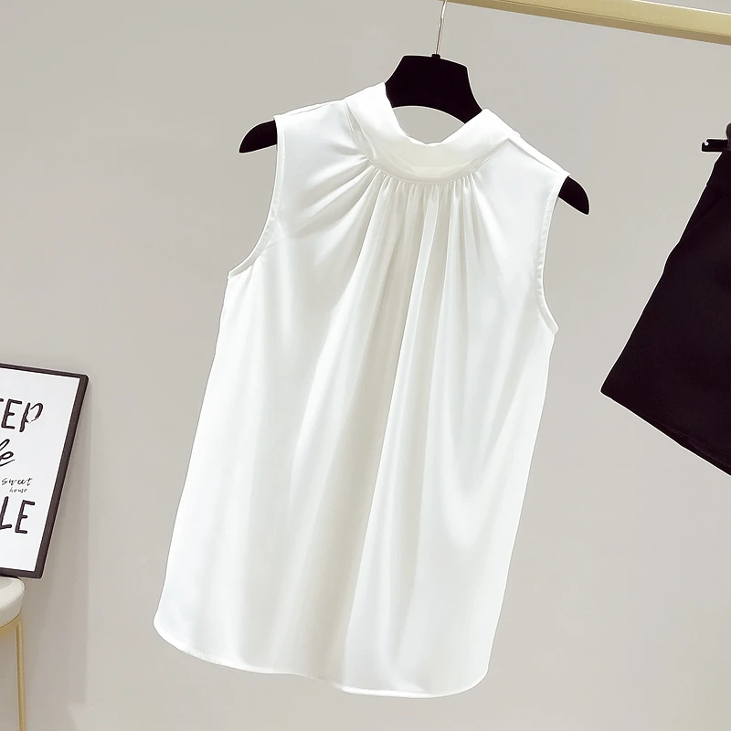 

Summer 2022 Fashion Women Chiffon Blouse Solid Folds Bow Sleeveless Tops for Women Elegant Office Lady Slim Shirt Blusa 15479