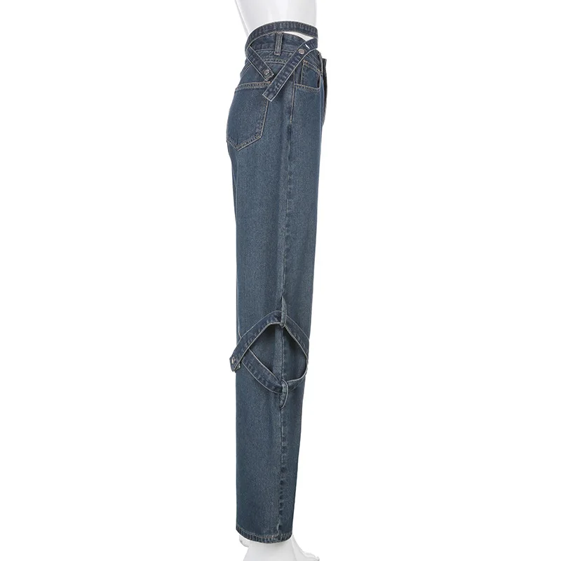 

Vintage Hollow Out High Waist Denim Jeans Female Distressed Split Straight Pants Solid Ripped Long Trousers Streetwear Raw Edge