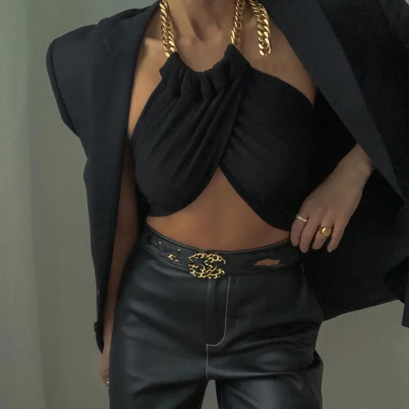 

Cryptographic Summer Fashion Chic Halter Chain Crop Tops for Women Backless Cropped Feminino Black Wrap Top 2021 Streetwear