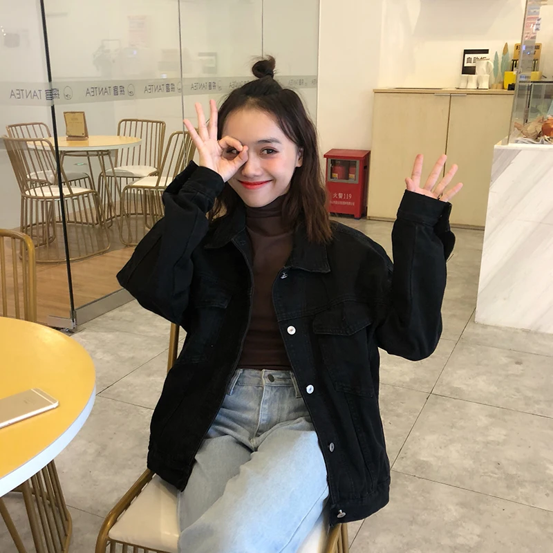 Женские джинсовые куртки черные однотонные Универсальные в Корейском стиле