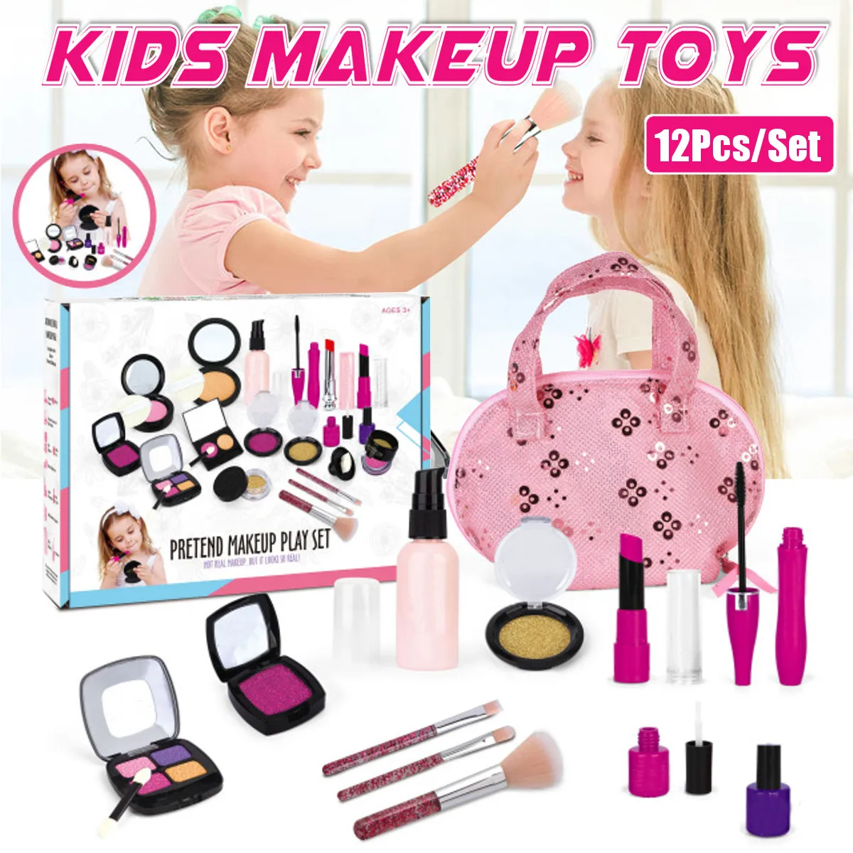 

12Pcs Pretend Makeup Fakes Eye Shadow Brushes Glitter Nail Polish Play Set Toy with Storage Bag for Little Girl Cosmetic Gift
