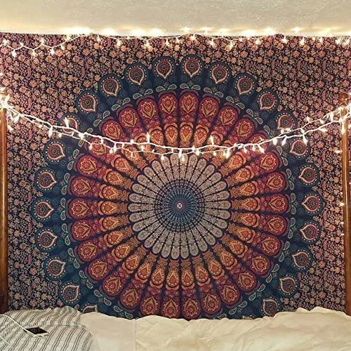 

Indian Hippie Bohemian Psychedelic Peacock Mandala Wall Hanging Floral Gold Bedding Tapestry Printed Hanging Cloth