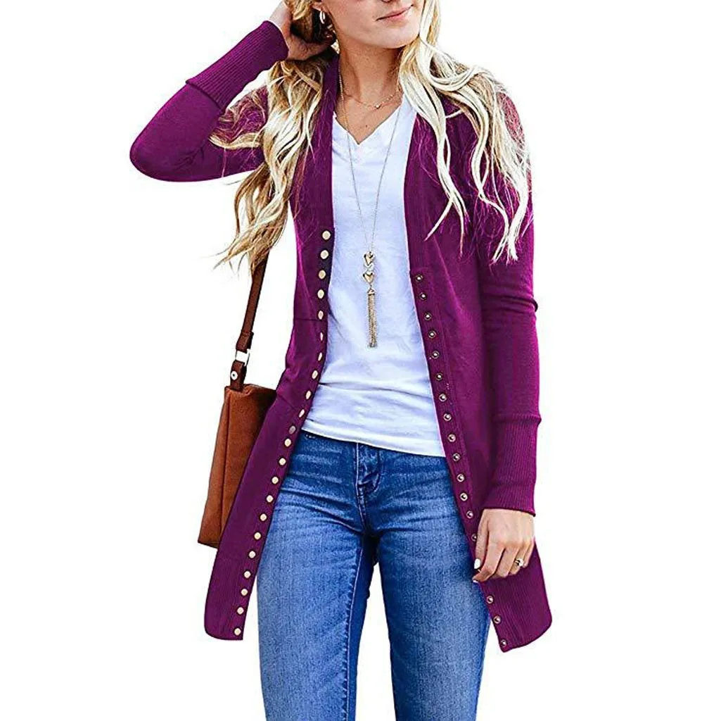 Женский однотонный кардиган на пуговицах с длинным рукавом Свободный вязаный