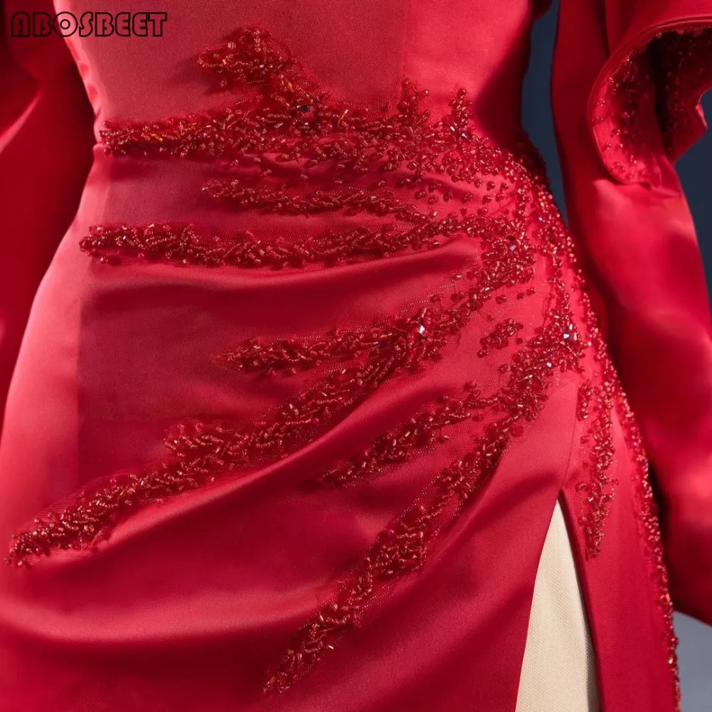 

Off Shoulder Prom Dress Long Sleeve Red Satin Long Elegant Evening Gown Formal Dresses with Train Sexy Front Split Lace Up Back