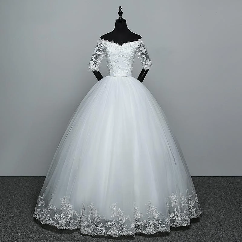 

Hot Sale Wedding Dress New Arrival Appliques Embroidery Lace Half Sleeve Sexy Bont Neck off shoulder Gown vestido de noiva