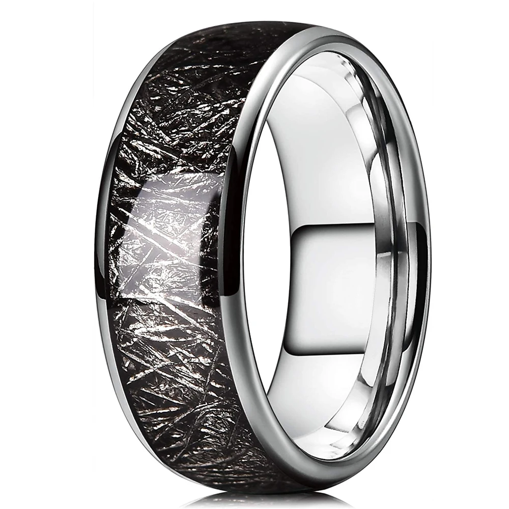 

Trendy 8MM Men Silver Color Polished Titanium steel Ring Vintage Black Meteorites Inlaid Carbon Fibre Ring Men Wedding Band