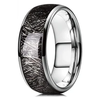 trendy 8mm men silvery polished tungsten carbide ring vintage black meteorites inlaid carbon fibre ring men wedding band