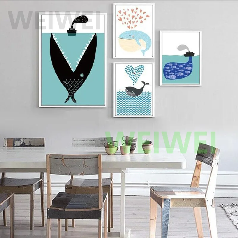 

Cartoon Animal Canvas Painting Whale Nordic Poster Wall Art Picture for Nursery Kids Bedroom Living Room Home Decor