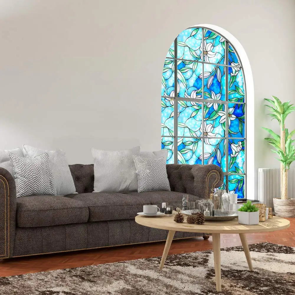 Витражное окно с изображением лилии статическая пленка непрозрачная несколько