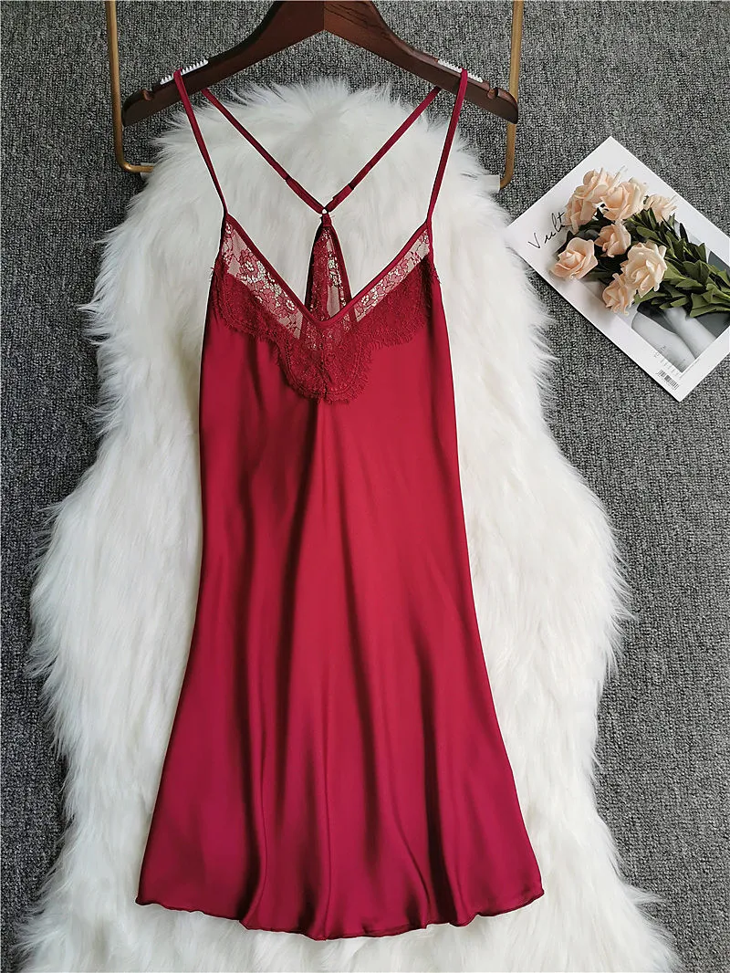 Домашняя одежда модная Женская атласная кружевная ночная рубашка на бретельках