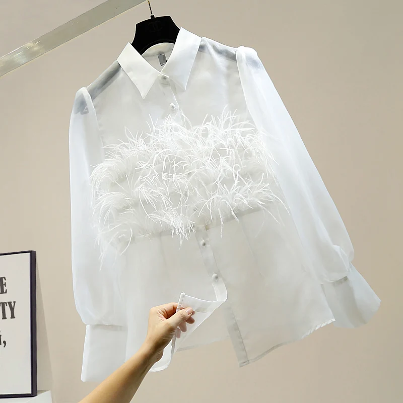 

Women's Shirt 2020 Fashion Design Ostrich Feather Tassels Panel Lapel Single Breasted Sexy Perspective Organza Shirt Blouses Top