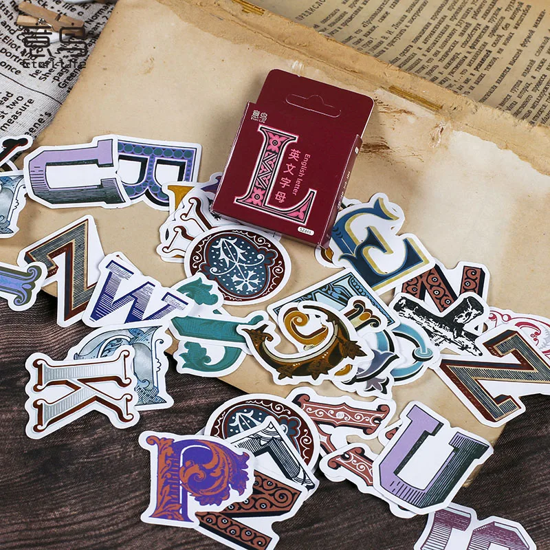 

52Pcs English alphabet Stickers Set Vintage Style Decorative journaling Album Stickers Planner Diy Scrapbooking Diary supplies