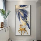 Картина с принтом золотого оленя и пера на холсте, скандинавский постер, Настенная картина для гостиной, домашнее украшение без рамки