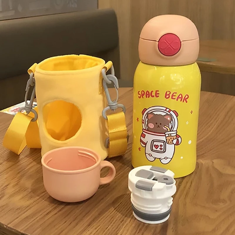 

550Ml Children'S Vacuum Flask Flannel Cover Cute Cartoon Pop Lid Straw Cup Portable Anti-Fall Diagonal Baby Stainless Steel Wate