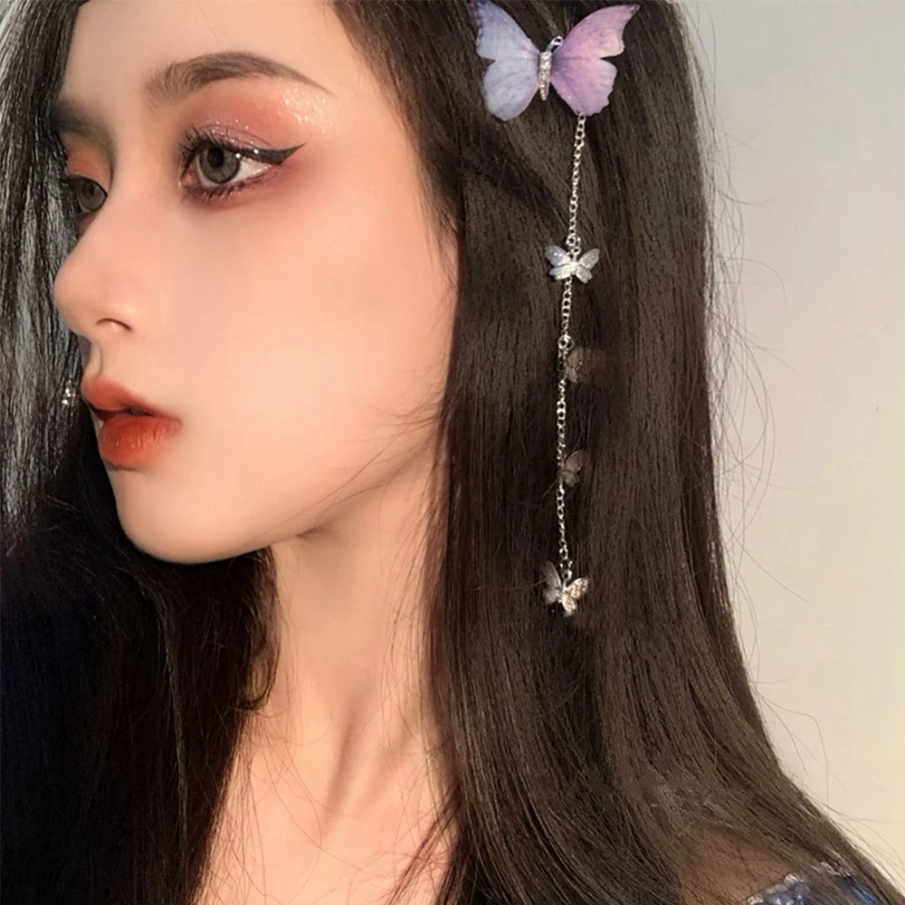 

1Pair Korean Yarn Butterfly Hairpins Elegant Metal Tassel Long Hair Clips For Women Hanfu Antique Parties Hair Accessories