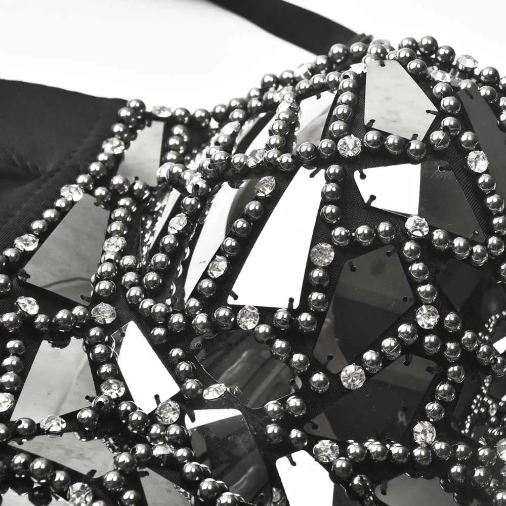 Gray Sexy Rock Punk Bra Diamond & Pearl Decoration Push Up Bralette Lingerie Anti-light Shockproof Bra Clubwear Corset Plus Size