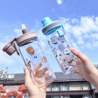 water bottle cute bear pattern with scale student outdoor sports creative fun portable leak proof straw transparent glass