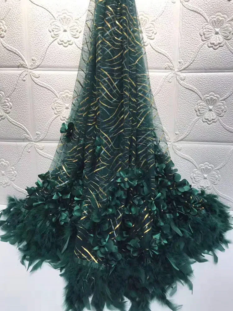 Модные золотые блестки сетчатый с перьями Африканской ажурной вышивкой