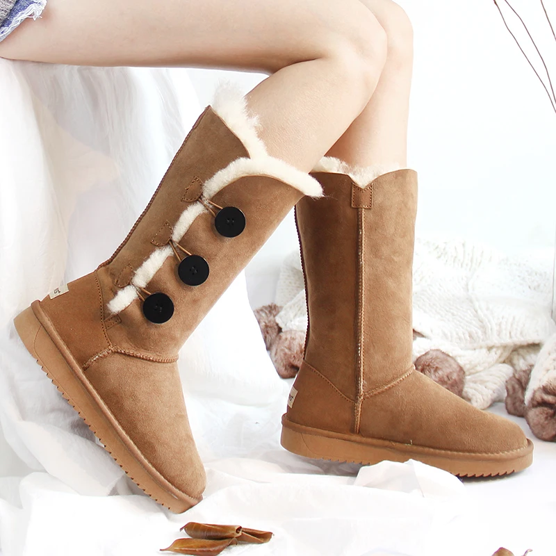 

Genuine Sheepskin Leather Snow Boots Button type Warm Natural Fur Women Wwinter Boots Women Warm Wool Snow Boots Free Shipping