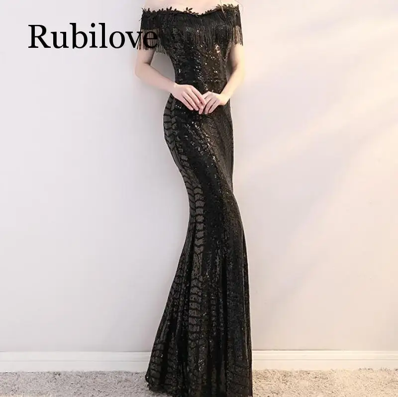 

Rubilove Long fishtail sequin dress 2019 new word shoulder slimming banquet annual meeting host noble dress female