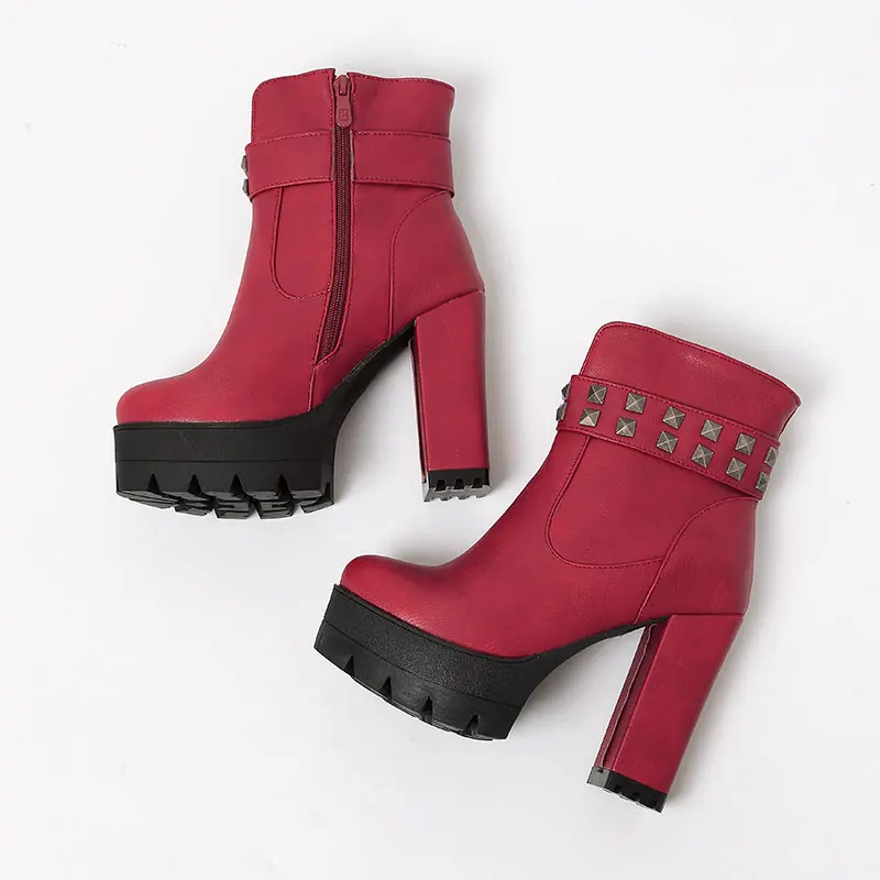 Новые зимние повседневные Черные ботильоны на молнии с круглым носком и красными