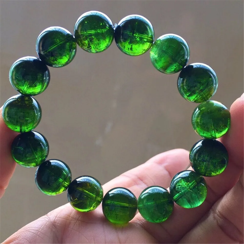 

13mm Real Natural Brazil Green Tourmaline Quartz Bracelet For Women Lady Man Clear Crystal Round Beads Gemstone Jewelry AAAAA