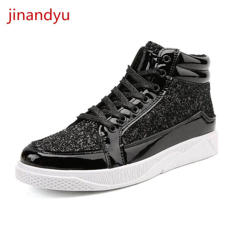

Fashion Bling Ankle Boots Casuales High Top Sneakers Cowboy Boot Homme Lace Up Gold Sliver Black Motorcykle Boots for Men Male