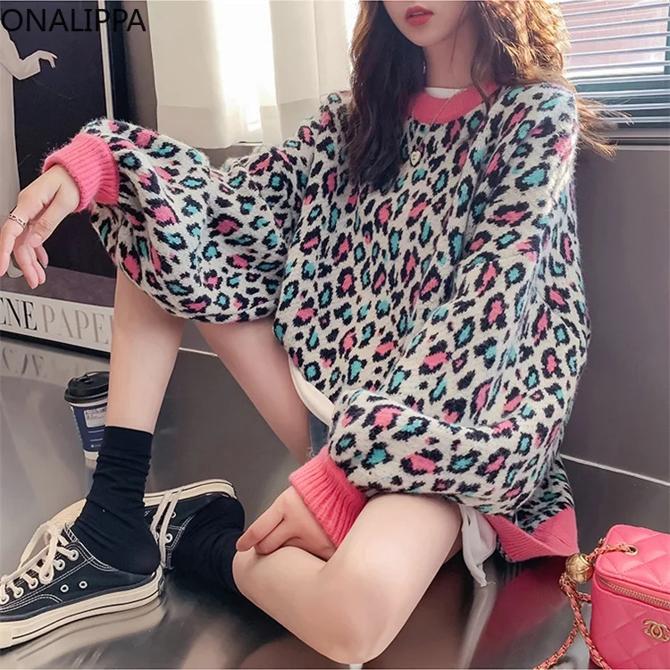 

ONALIPPA Retro Leopard Knitted Sweater Women 2021 Winter Autumn Korean Casual Lazy Style All-Match Round Neck Thickened Pullover