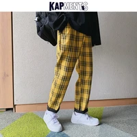 KAPMENTS Streetwear Yellow Plaid Pants Men Joggers 2021 Man Casual Straight Harem Pants Men Korean Hip Hop Track Pants Plus Size